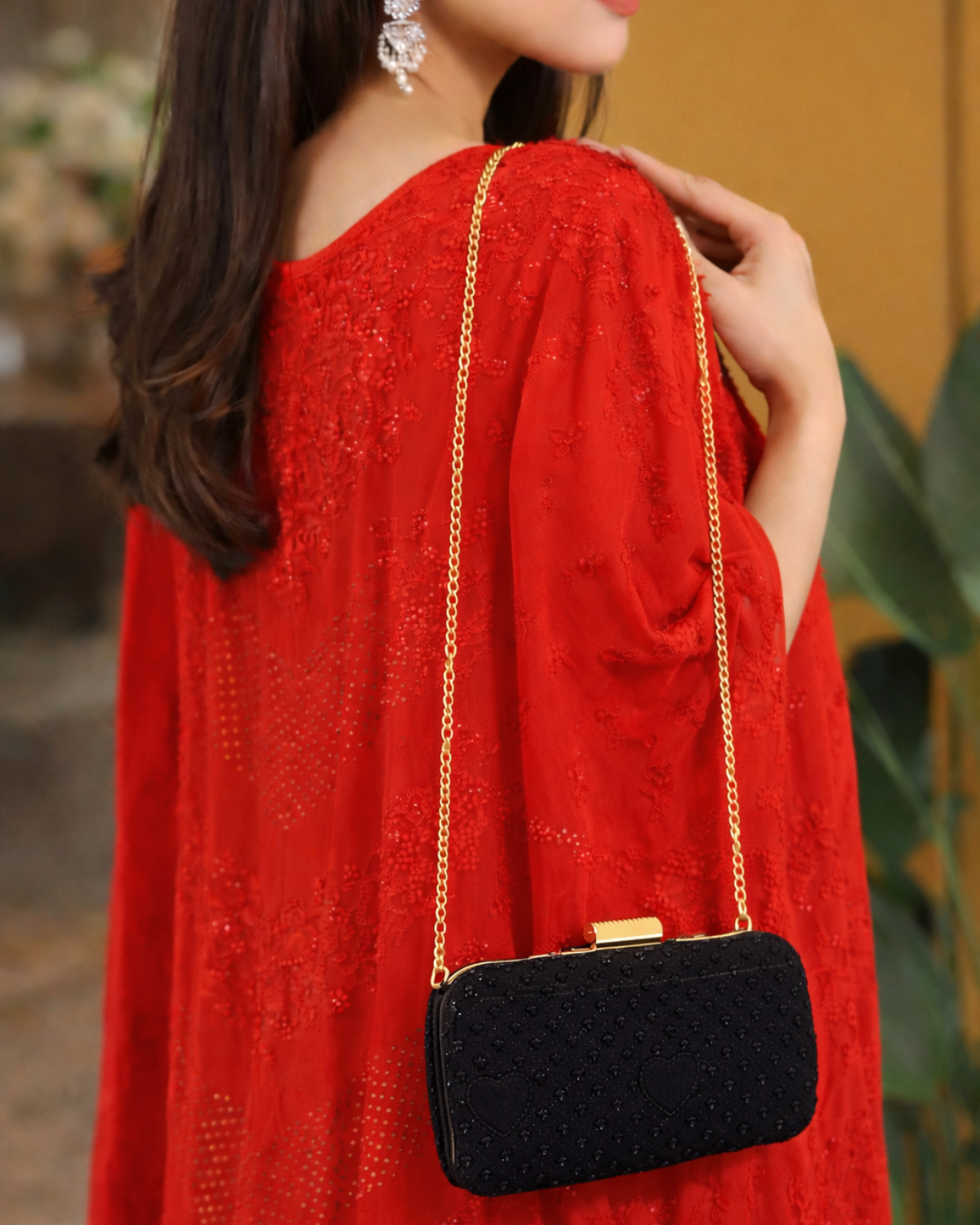 Noir Heart Embroidered Evening Clutch