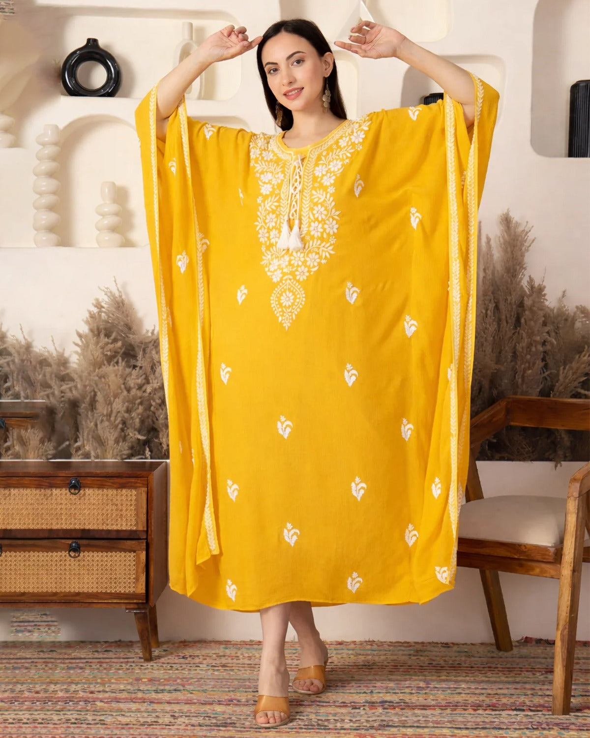 Chikankari Yellow Rayon Kaftan
