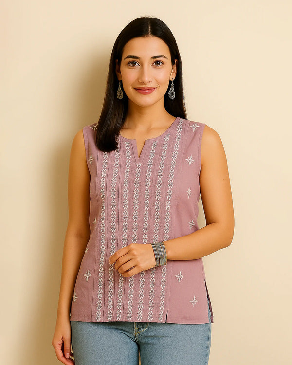 Chikankari Cotton Pleated Sleeveless Top