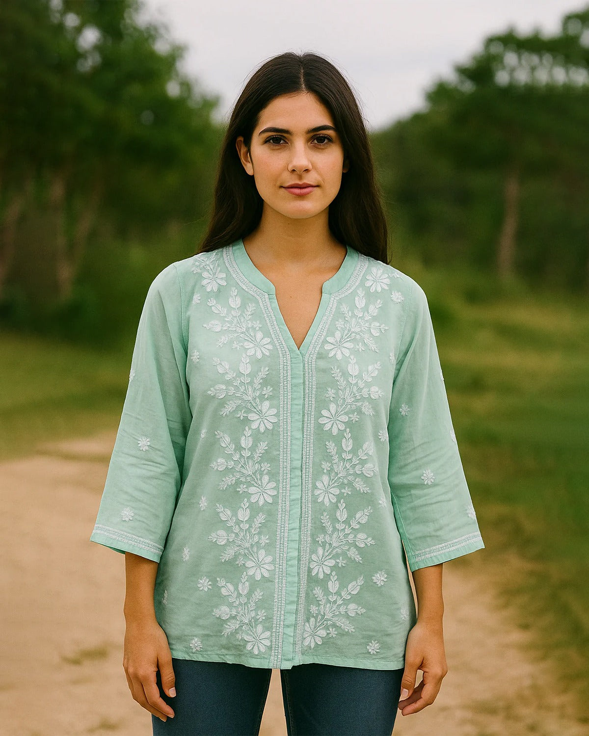 Chikankari Mint Cotton Mandarin Top
