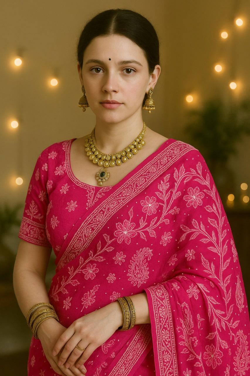 Misri Chikankari Georgette Mukaish Saree