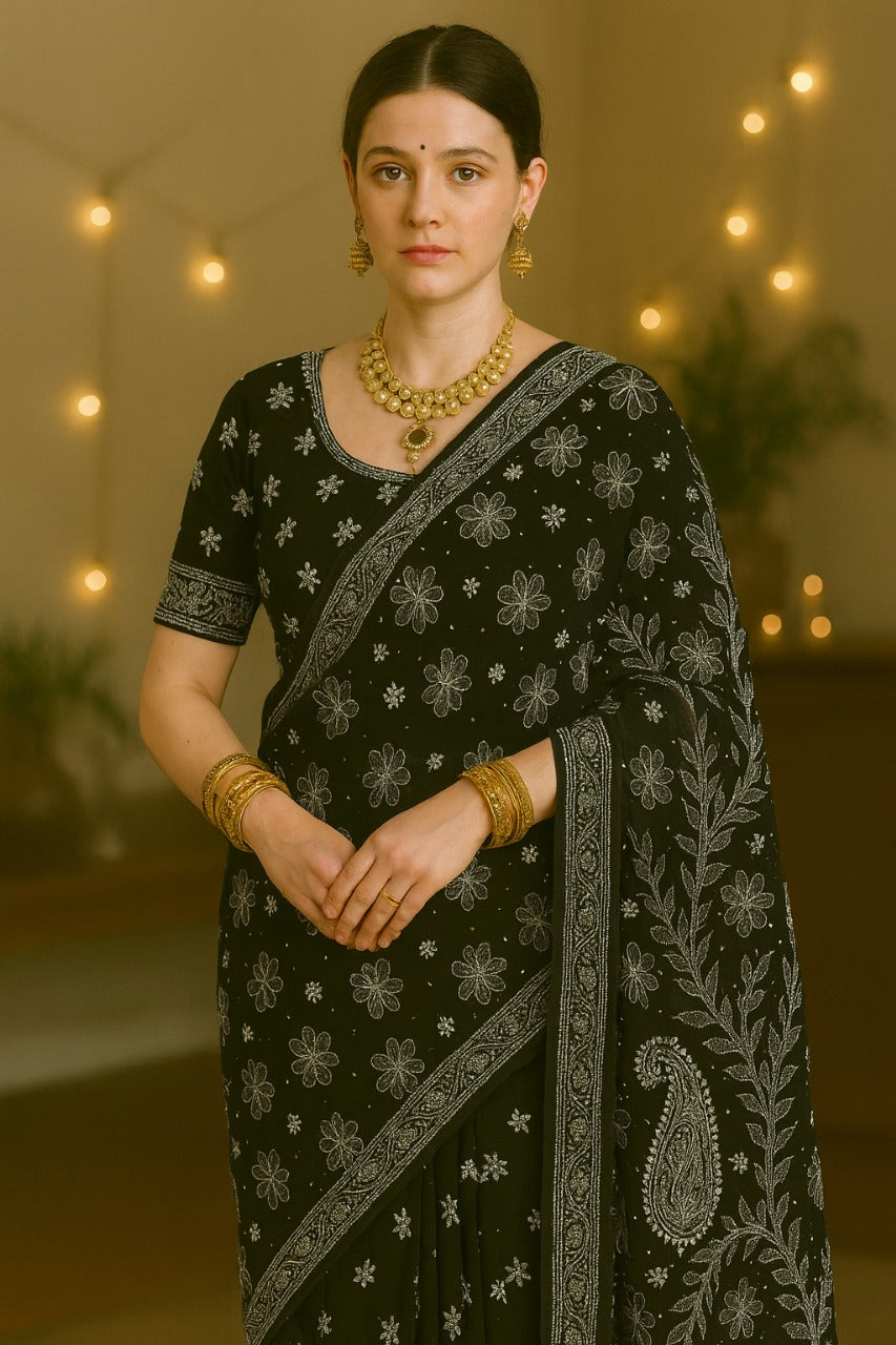 Misri Chikankari Georgette Mukaish Saree