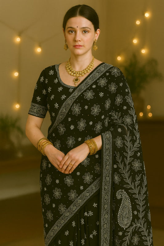 Misri Chikankari Georgette Mukaish Saree