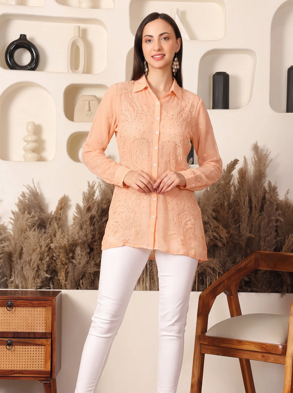 Ziya Mukaish Georgette Peach Shirt
