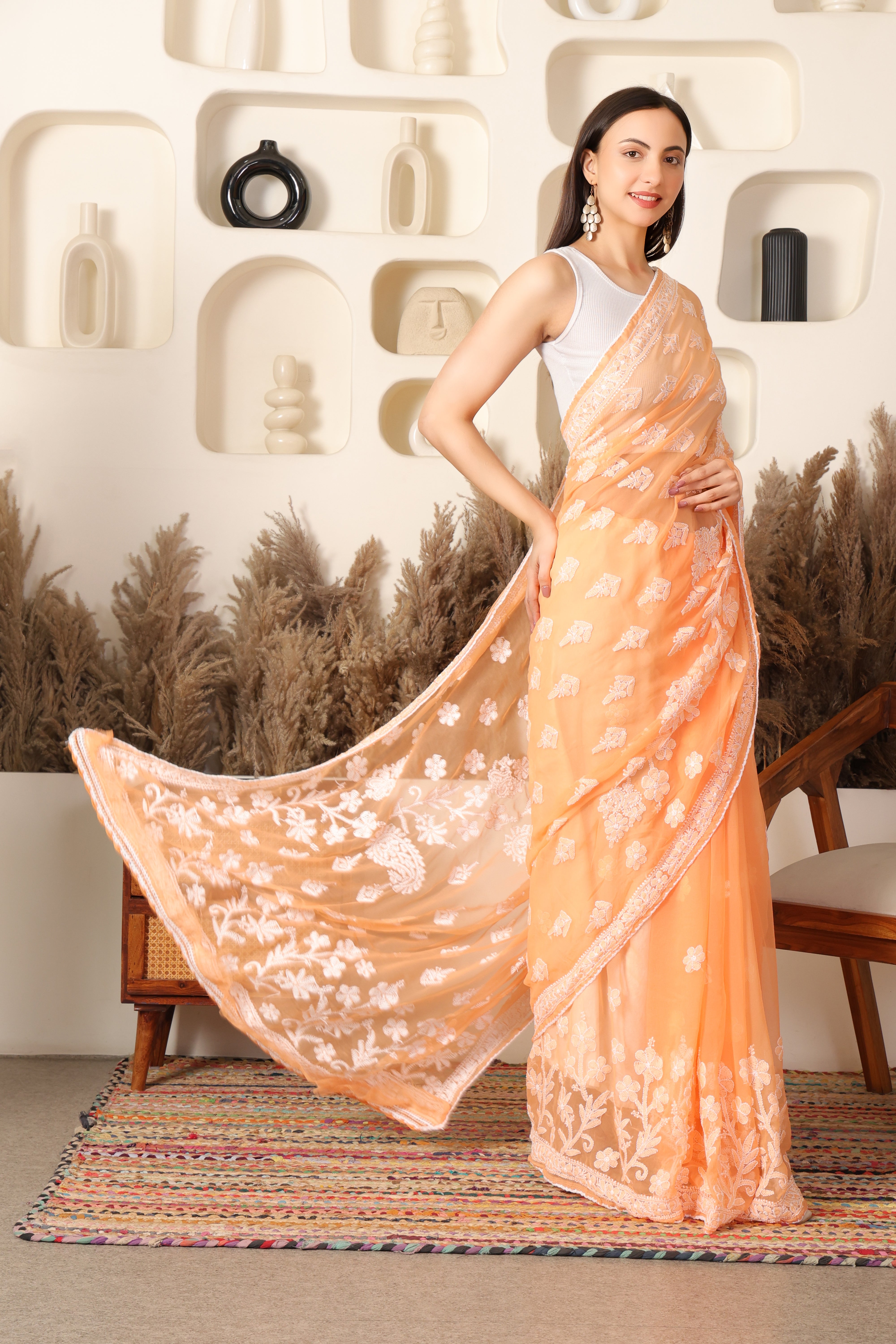 Misri Pastel Apricot Chikankari Georgette Sarees